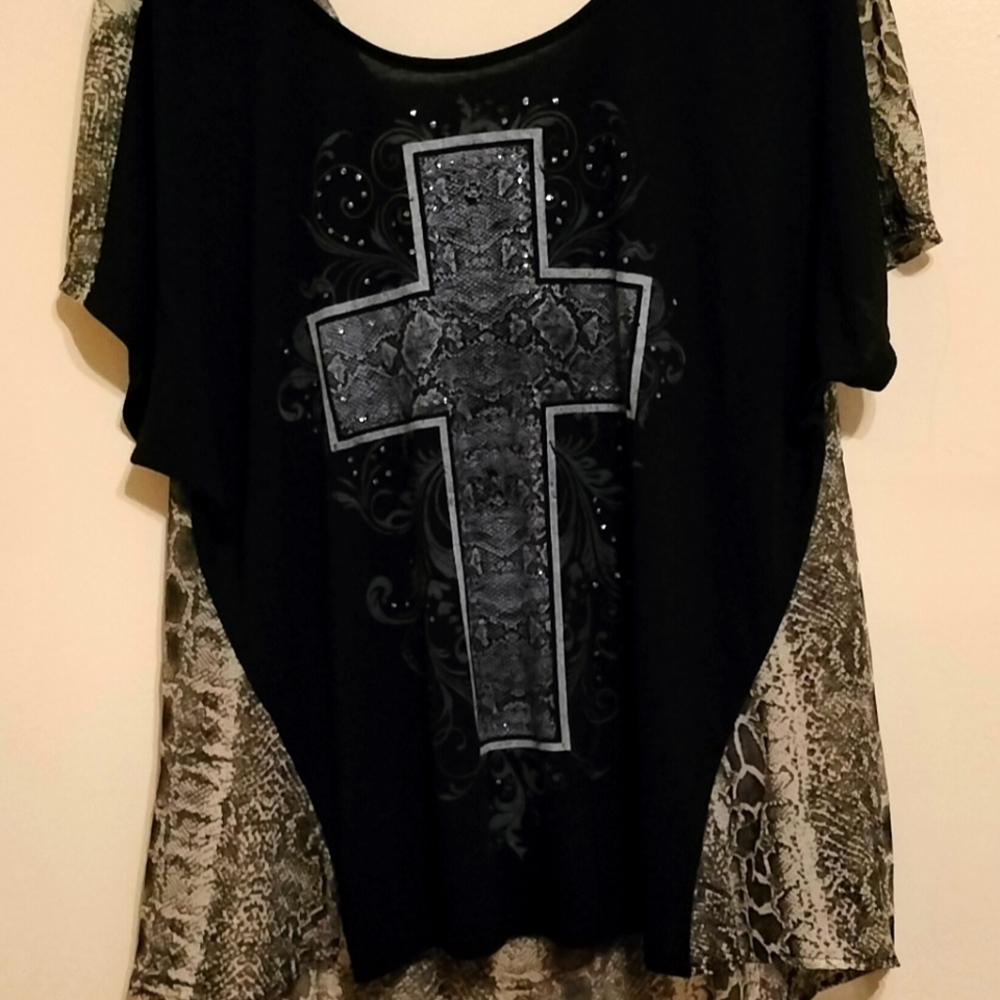 Hybrid Apparel Black Short Sleeve Tee with Gray Cross and Snake-Print Panels